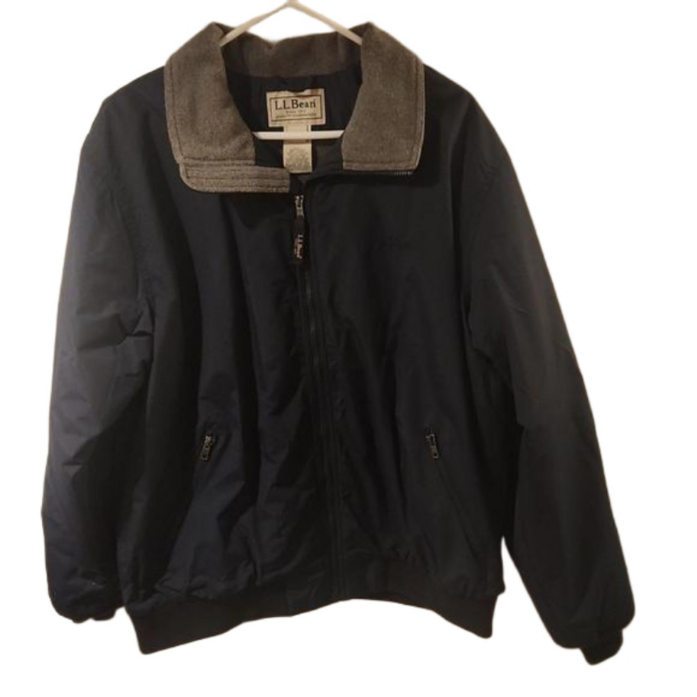 L.L. Bean Mens Warm-up Jacket in Navy Zip Pockets Gray Fleece Lined Size L Reg